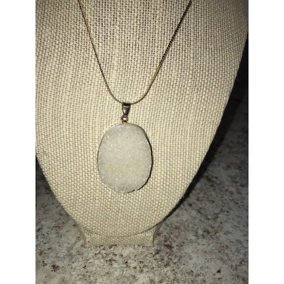 Geode Crystal Pendant w/ Gold Plated Edges on 24" Gold Tone Chain Necklace - Picture 3 of 15